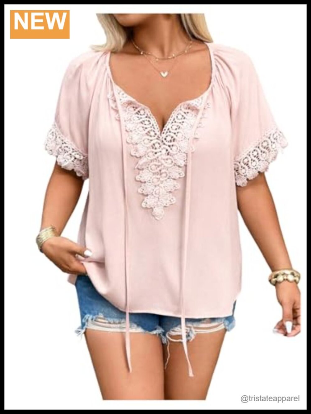Women's Plus Size Tie Front Lace Blouse Boho Short Sleeve Viscose